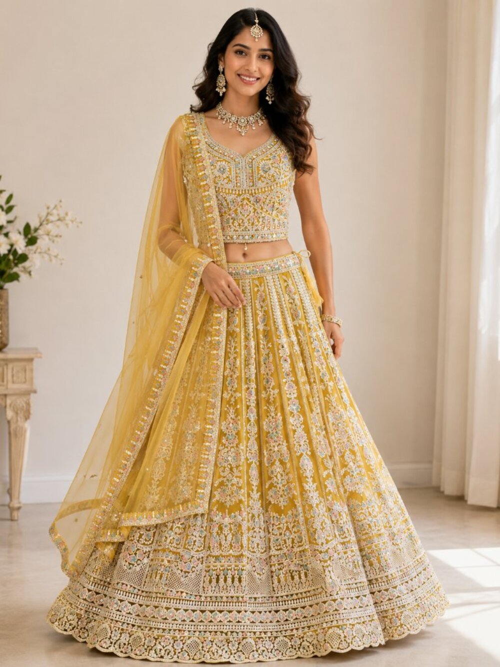 Mustard Yellow Embroidered Lehenga Choli Set with Dupatta | Indian Wedding Party